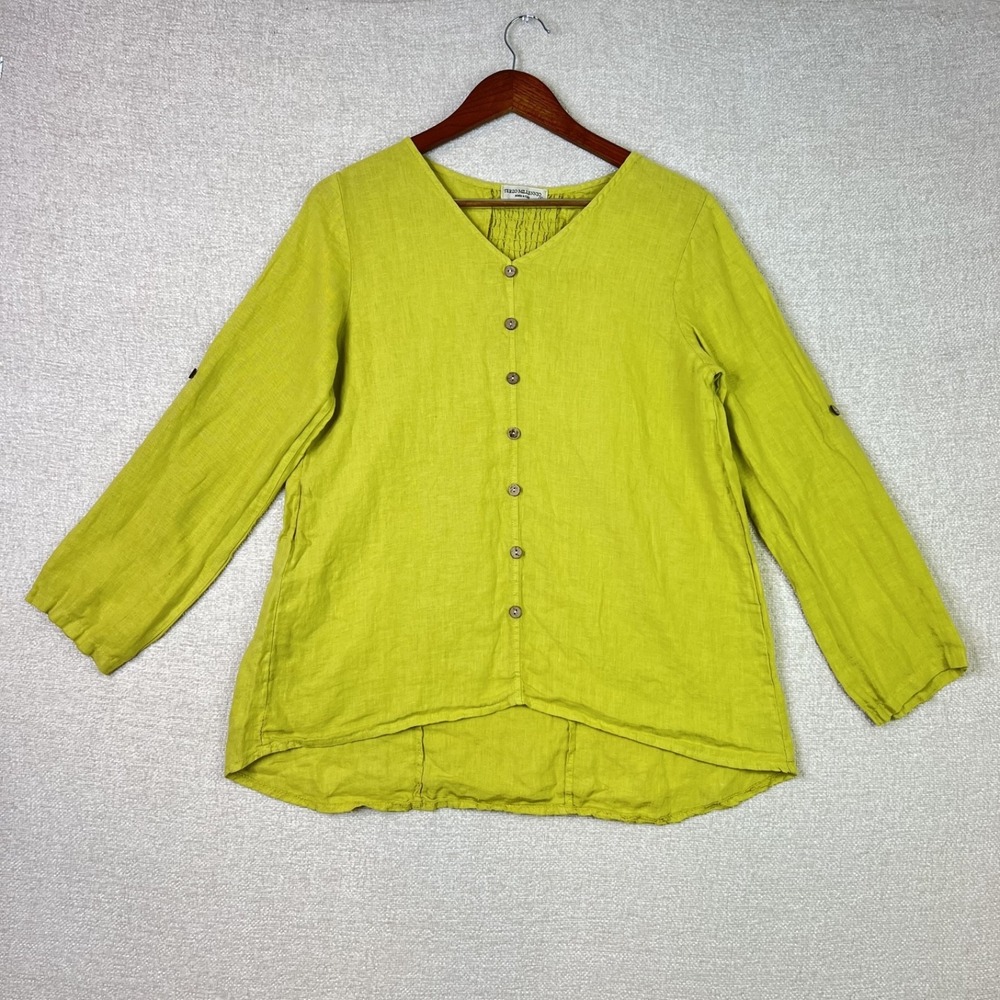 100% Organic Linen Tunic Green Boho Lagenlook Coastal Top Italy Women's Size S